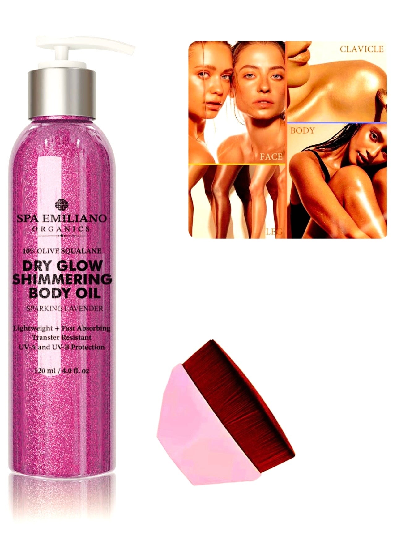 Dry Glow Shimmering Body Oil with 10% Olive Squalane - Sparking Lavender Glitter. Lightweight + Fast Absorbing Transfer Resistant + UV-A and UV-B Protection. 120ml / 4.0 fl. oz. *A bonus makeup applicator is included while supplies last!