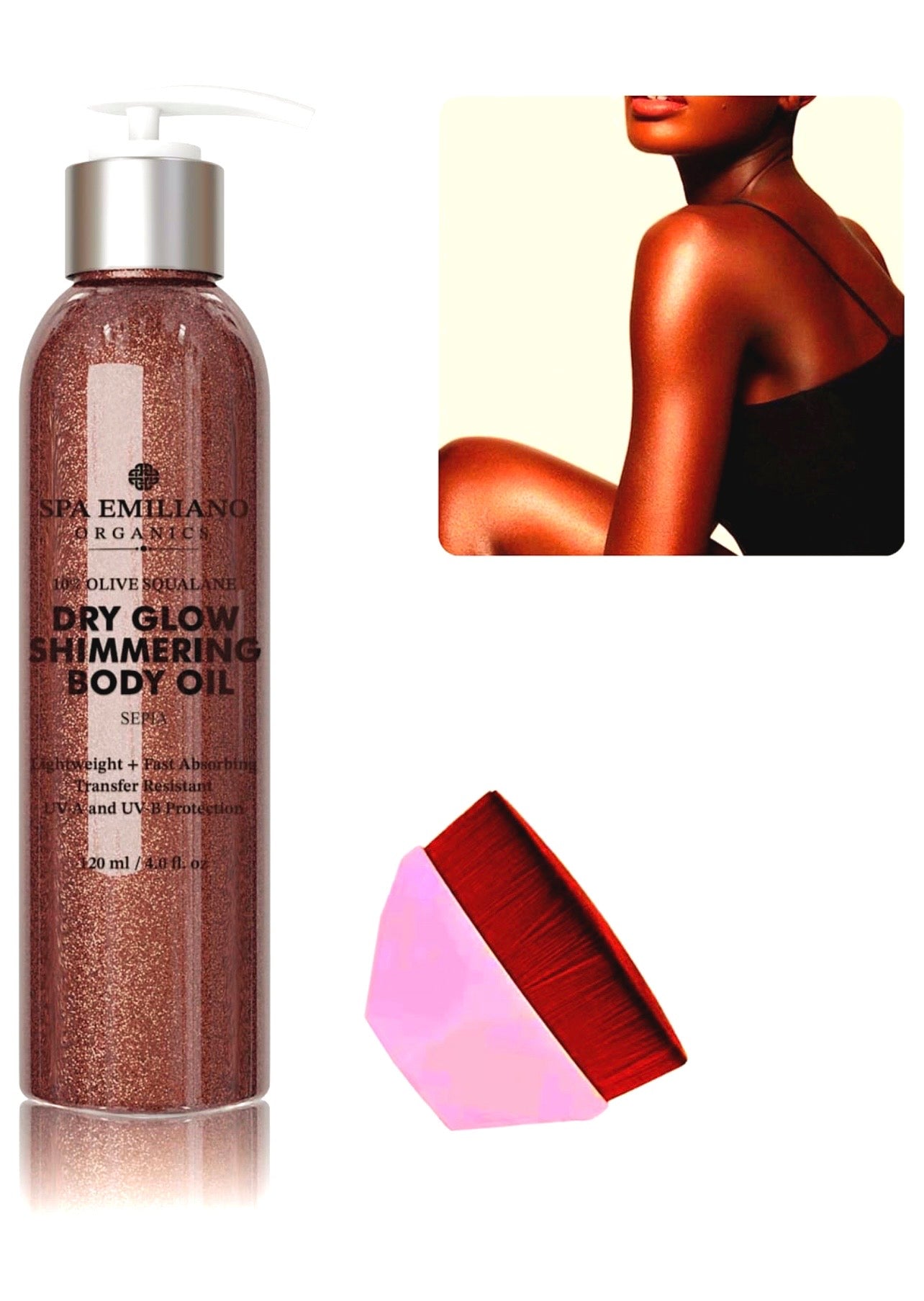 Dry Glow Shimmering Body Oil with 10% Olive Squalane - Sepia Radiance. Lightweight + Fast Absorbing Transfer Resistant + UV-A and UV-B Protection. 120ml / 4.0 fl. oz. *A bonus makeup applicator is included while supplies last!