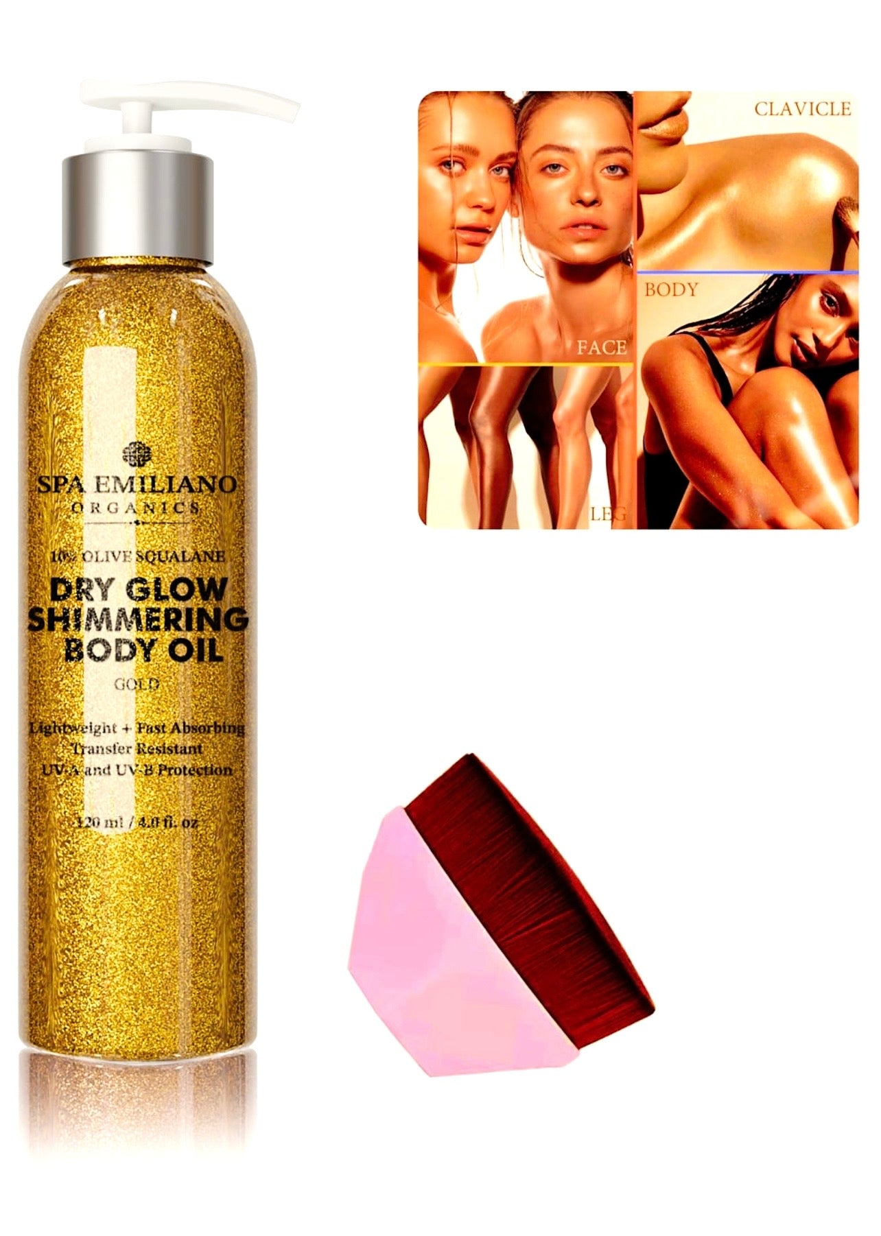 Dry Glow Shimmering Body Oil
with 10% Olive Squalane Sparking 24K Gold. Lightweight + Fast Absorbing Transfer Resistant + UV-A and UV-B Protection. 120ml / 4.0 fl. oz. *A bonus makeup applicator is included while supplies last!