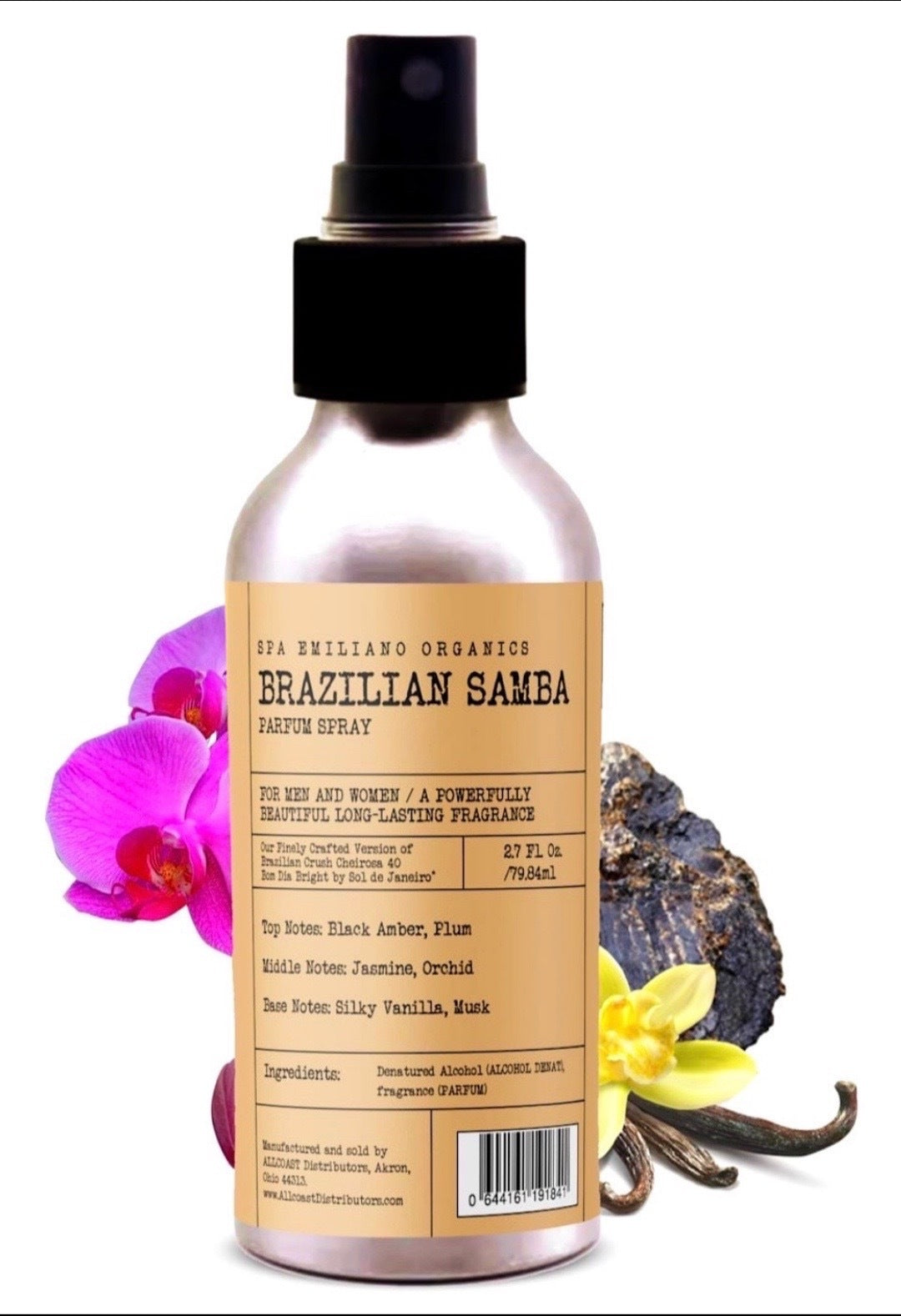 Bottle of Brazilian Samae fragrance with a label and decorative elements on a white background