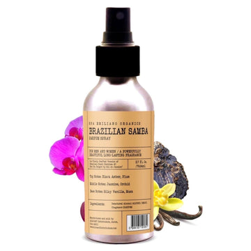 Bottle of Brazilian Samae fragrance with a label and decorative elements on a white background