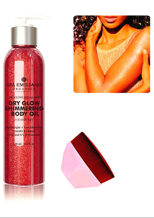 Dry Glow Shimmering Body Oil with 10% Olive Squalane - Strawberry Sparkles. Lightweight + Fast Absorbing Transfer Resistant + UV-A and UV-B Protection. 120ml / 4.0 fl. oz. *A bonus makeup applicator is included while supplies last!