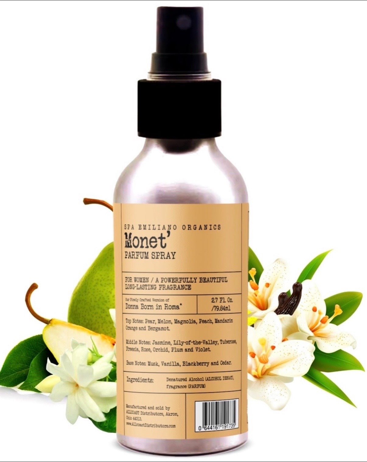 Monet perfume spray bottle with floral elements on a white background