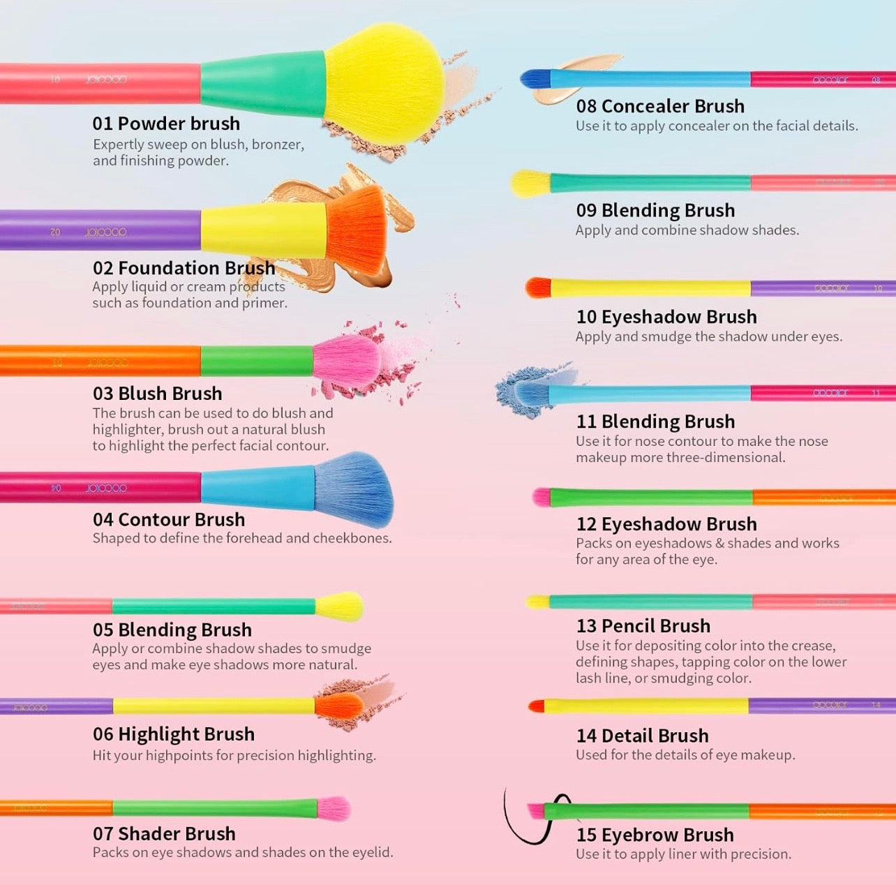 Docolor 15-Piece Rainbow Vegan Makeup Brush Set.