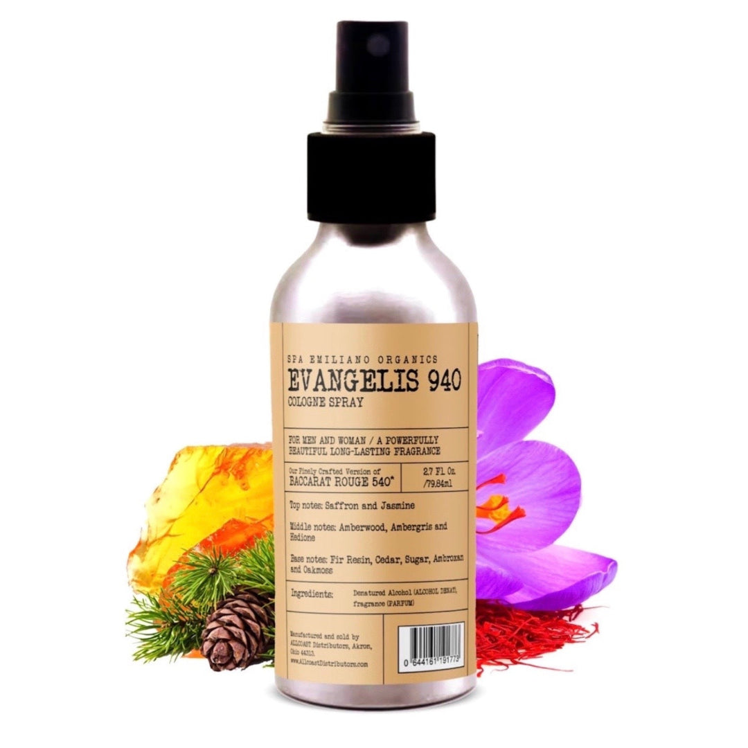 Cologne spray bottle with decorative elements on a white background