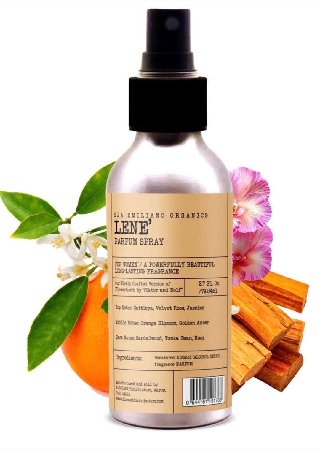 Bottle of LENE perfume spray with natural elements on a white background