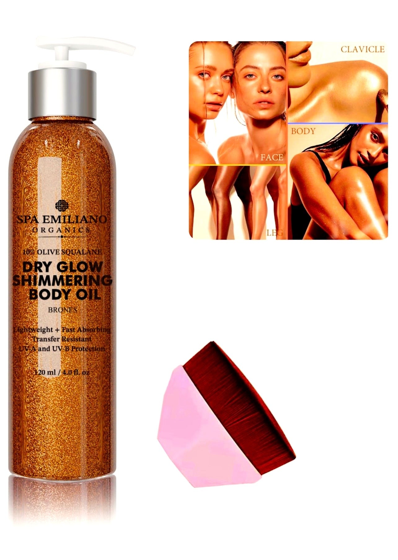 Dry Glow Shimmering Body Oil with 10% Olive Squalane - Bronze Goddess. Lightweight + Fast Absorbing Transfer Resistant + UV-A and UV-B Protection. 120ml / 4.0 fl. oz. *A bonus makeup applicator is included while supplies last!