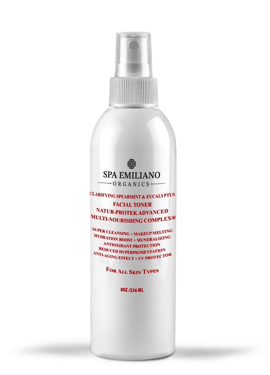 Spa Emiliano Organics 
Clarifying Spearmint & Eucalyptus Facial Toner w/Hydrating Glycerin & Sodium PCA + pH Balancing Organic Plant Hydrosols + Nourishing MSM + Sea Minerals + Manuka Honey MGO 829 plus + Skin Balancing Lactic and Phytic Acid + Clarifying