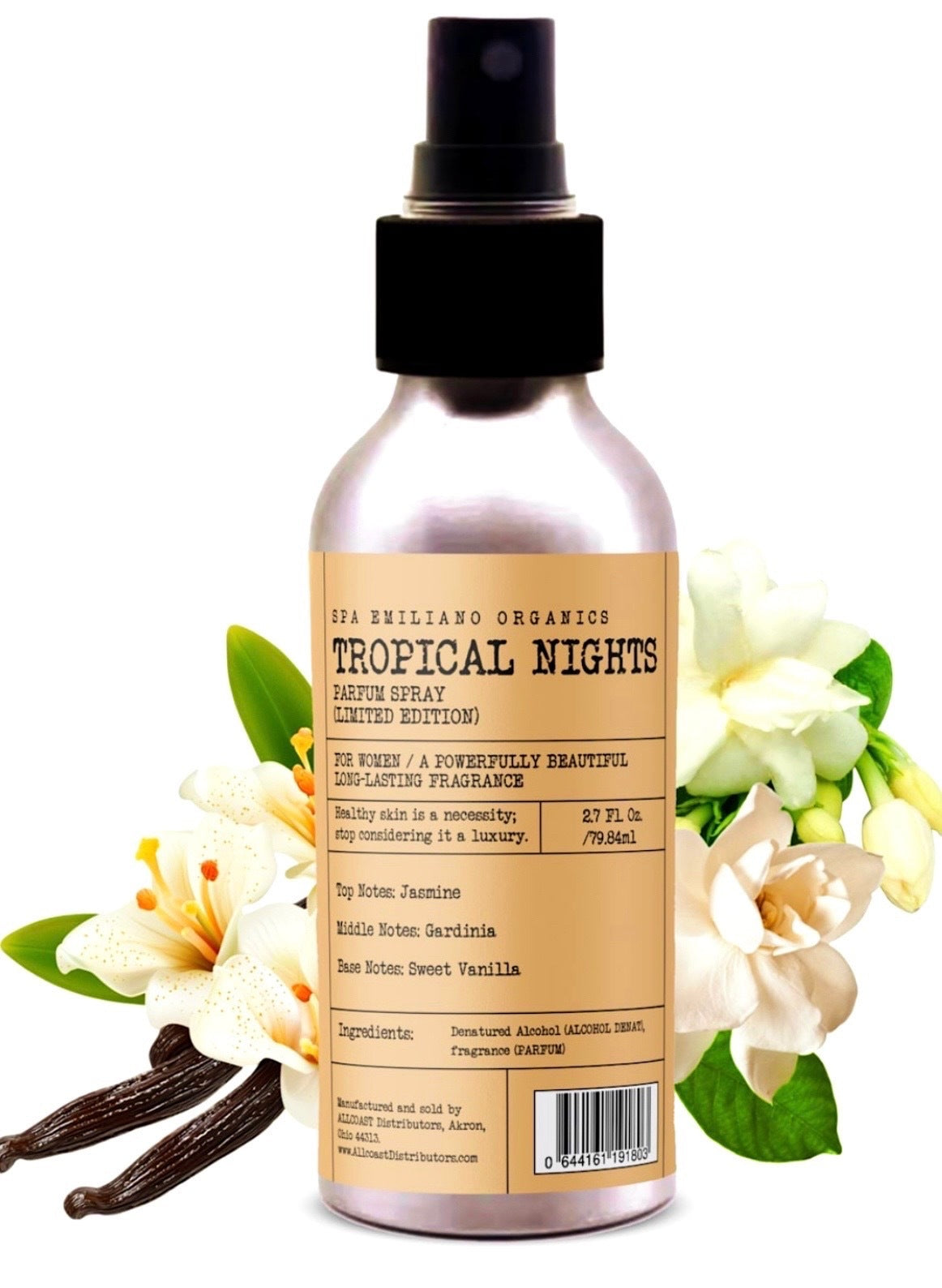 Bottle of 'Tropical Nights' perfume spray with vanilla beans and flowers on a white background