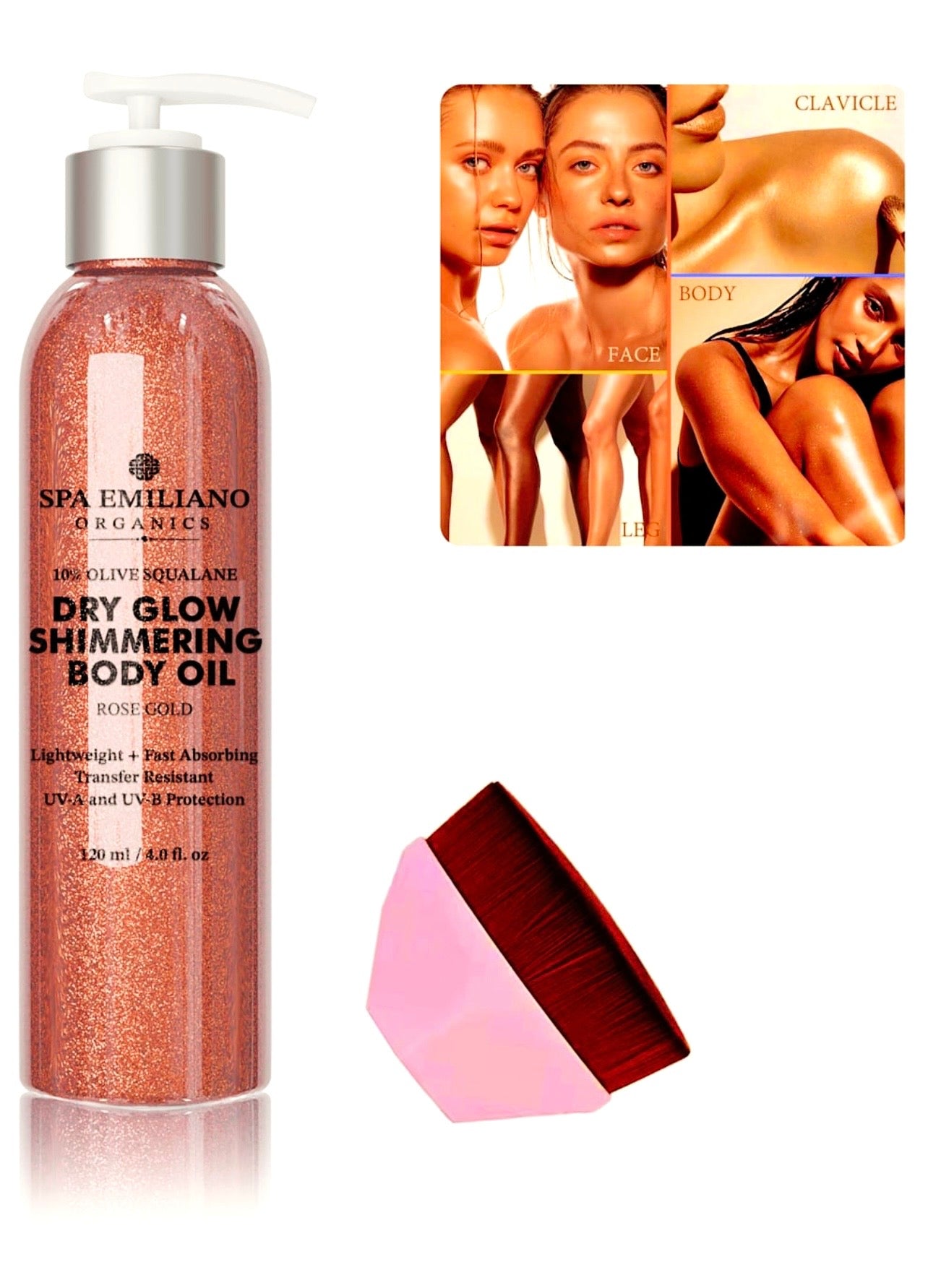Dry Glow Shimmering Body Oil with 10% Olive Squalane - Rose Gold Glitter. Lightweight + Fast Absorbing Transfer Resistant + UV-A and UV-B Protection. 120ml / 4.0 fl. oz. *A bonus makeup applicator is included while supplies last!