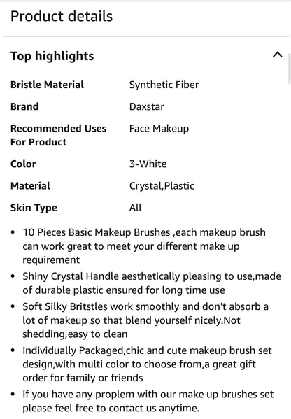 10-piece vegan makeup brush set with iridescent, crystal-style handles, contained in a clear, holographic carrying case.