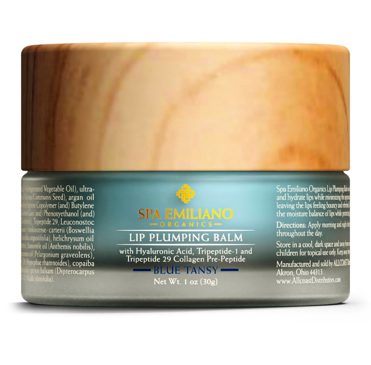 Lip Plumping Balm with Hyaluronic Acid, Tripeptide-1 and 29, and Collagen Pre-Peptides. Blue Tanzy Scented. 1oz.(30g)