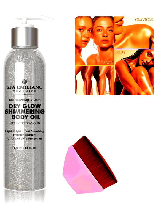 Dry Glow Shimmering Body Oil with 10% Olive Squalane - Sparking Diamonds. Lightweight + Fast Absorbing Transfer Resistant + UV-A and UV-B Protection. 120ml / 4.0 fl. oz. *A bonus makeup applicator is included while supplies last!
