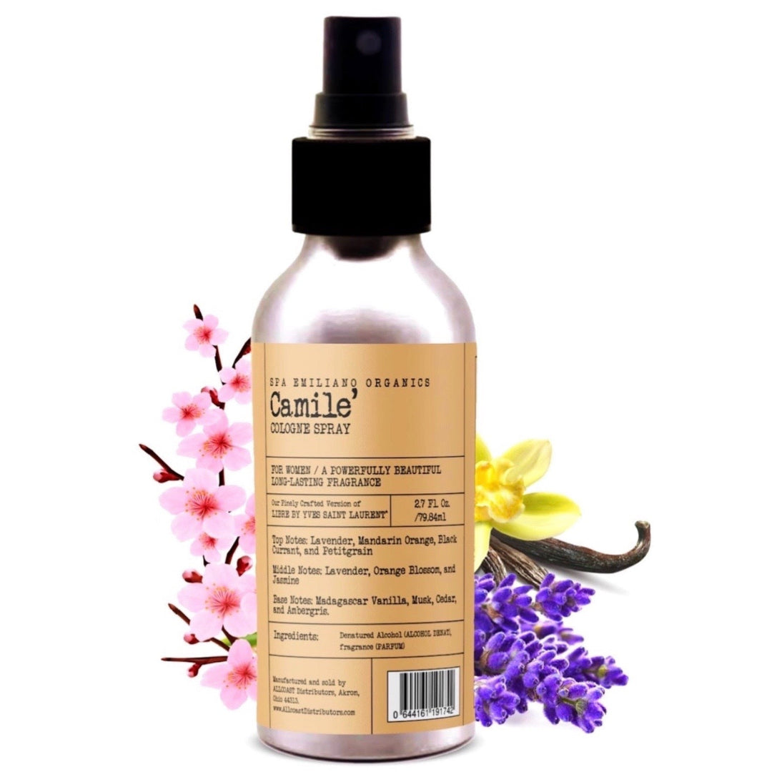 Bottle of Camile Cleanse Spray with floral and vanilla bean elements on a white background