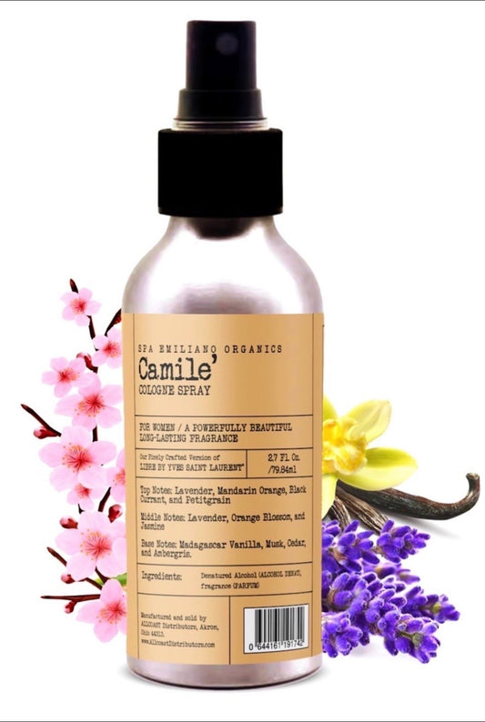 Bottle of Camile Cleanse Spray with floral and vanilla bean elements on a white background