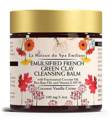 Emulsified French Green Clay Cleansing Balm  with French Green Clay, Fractionated Coconut Oil,  Rice Bran Oil, and Vitamin E MT-50  Coconut Vanilla Créme  Net Wt. 100 mg/3.4oz.