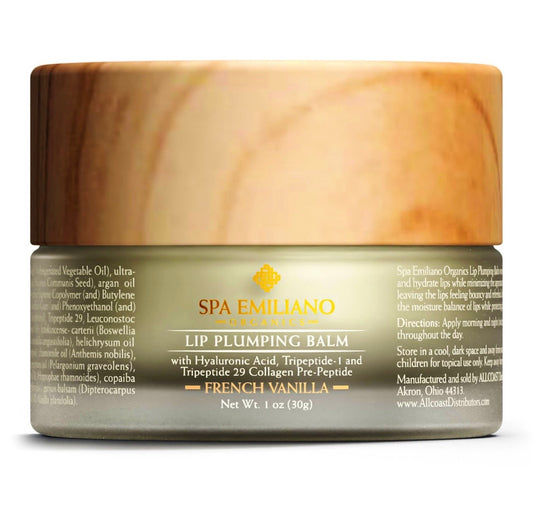 Lip Plumping Balm with Hyaluronic Acid, Tripeptide-1 and 29, and Collagen Pre-Peptides. French Vanilla Scented. 1oz.(30g)