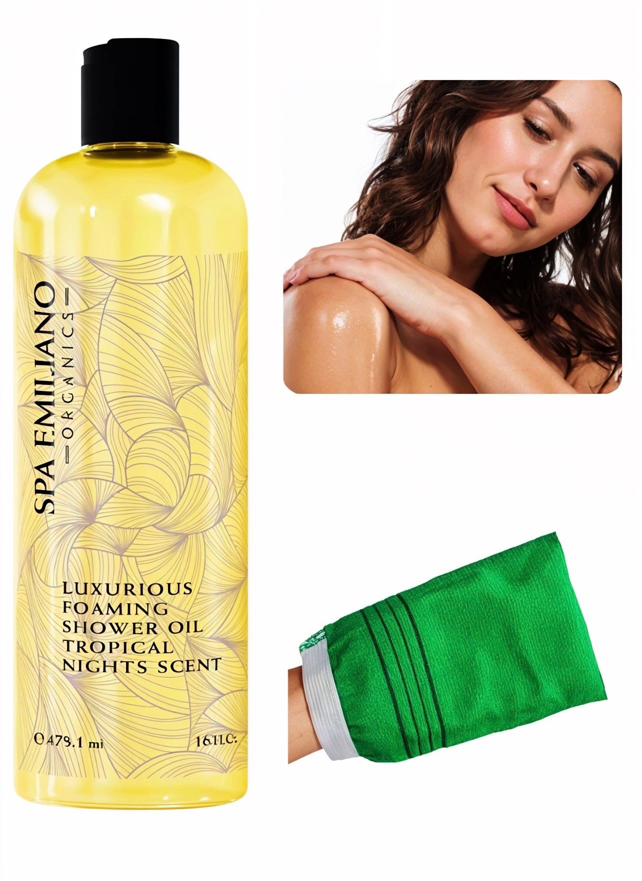 Luxurious Foaming Shower Oil in a delightful Tropical Nights scent. Available in two sizes. *Each ordered bottle comes with a Korean Exfoliation Mitten, perfect for exfoliating, scrubbing, and improving circulation.