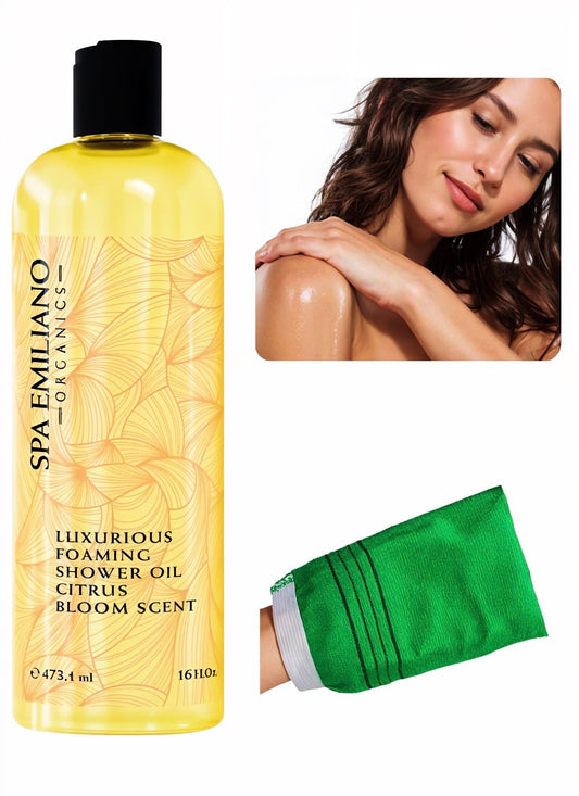 Luxurious Foaming Shower Oil in a delightful Citrus Bloom scent. Available in two sizes. *Each ordered bottle comes with a Korean Exfoliation Mitten, perfect for exfoliating, scrubbing, and improving circulation.