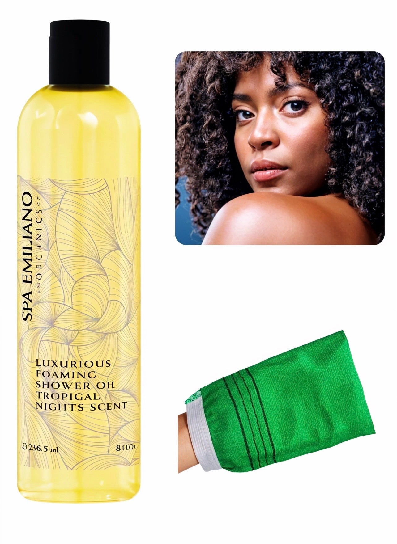 Luxurious Foaming Shower Oil in a delightful Tropical Nights scent. Available in two sizes. *Each ordered bottle comes with a Korean Exfoliation Mitten, perfect for exfoliating, scrubbing, and improving circulation.